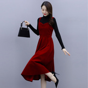 法式显瘦套装2023春秋天连衣裙，女红色丝绒背带，裙两件套日常小红裙