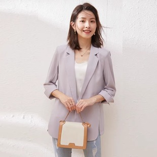 韩国女春夏浅紫色薄款垂感雪纺小西装外套宽松防晒七分袖开衫西服