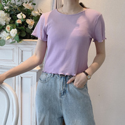 短款圆领t恤女2024夏季韩版修身短袖上衣紫色夏天薄款打底衫