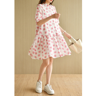 天然出品宽松白底粉色，印花短袖衬衫，连衣裙女夏盐缩中长裙qa4107