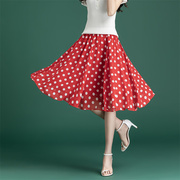 大摆半身短裙波西米亚圆点印花甜美红色，中长款夏跳舞(夏跳舞)裙雪纺波点裙