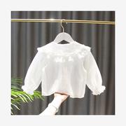 巴拉巴柆韩系2023春秋装，女童韩版花边娃娃领衬衫，宝宝白色打底