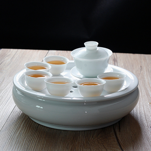潮汕白瓷功夫茶具套装圆形，鼓形储水茶盘10寸整套纯白陶瓷盖碗茶杯