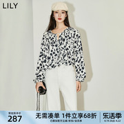 LILY2024夏女装浪漫印花气质优雅通勤款垂坠感宽松圆领雪纺衫