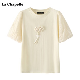 拉夏贝尔/La Chapelle学生泡泡袖圆领短袖t恤女夏季立体花朵上衣