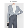 夏莫卡(夏莫卡)时髦开衫，圆领灰白色拼接深v假两件长袖上衣套头针织衫7672