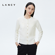 lancy朗姿2023春季圆领白色针织开衫，女设计感薄外套外穿