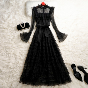 法式黑色生日公主裙女高端奢华长款高级感蓬蓬裙蕾丝蛋糕裙连衣裙