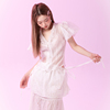 yannm原创设计白色波点欧根纱，泡泡袖修身浪漫可爱纯欲蕾丝领上衣