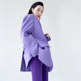 AKSAYA高级感宽松阔型休闲西服时髦洋气紫色西装外套女春秋季