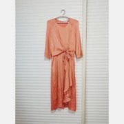 出口欧美外贸原单女夏季客供缎面人造丝橘色优雅连衣裙绑带七分袖