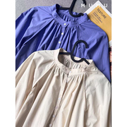 紫色立领灯笼袖宽松衬衫，显白长袖上衣2024早春中长款法式减龄小衫