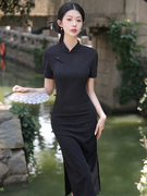 黑色罗马棉旗袍，2023年早秋新中式国风优雅气质，长款连衣裙