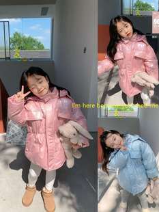 女童韩版糖果色亮面羽绒服宝宝，冬装儿童加厚长款连帽，小众休闲外套