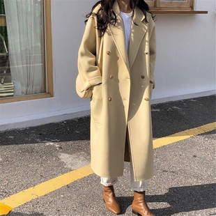 鹅黄色双面羊绒大衣韩式西装领宽松款单排扣2021冬季赫本风呢子女