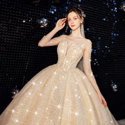 主婚纱2023新娘礼服，豪华奢侈显瘦星空梦幻公主，一字肩长袖拖尾