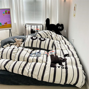 设计师款小黑猫~黑白条纹加厚床单被套冬季可爱床上四件套牛奶绒