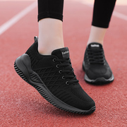全黑色鞋子女平底上班工作春季网面透气防滑软底纯黑色运动跑步鞋