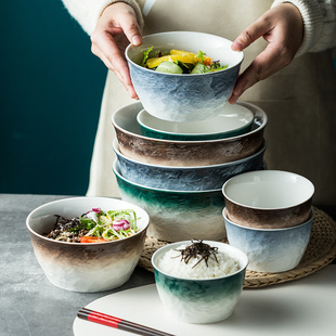 渐变石纹碗单个家用碗碟套装汤碗创意陶瓷碗饭碗日式餐具沙拉碗