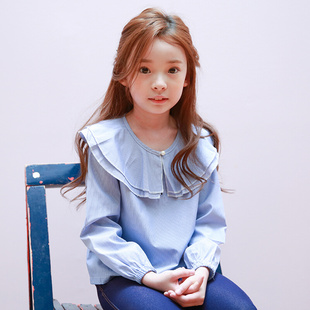 韩国童装女童春秋季荷叶边领公主，t恤上衣儿童条纹清新长袖娃娃衫