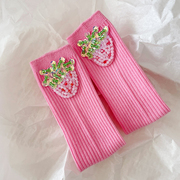 原创儿童冬季袜子纯棉小腿袜韩系水钻草莓保暖可爱粉色女童中筒袜