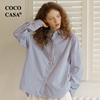 cococasa设计感蓝色竖条纹通勤衬衫女2023秋棉长袖小个子上衣