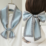 蓝色长条小丝巾女春秋绑包发带，薄围巾飘带丝带，围脖子领带搭配衬衫