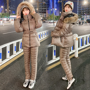 冬装韩版修身短款棉衣女休闲时尚保暖羽绒棉服袄加厚两件套装