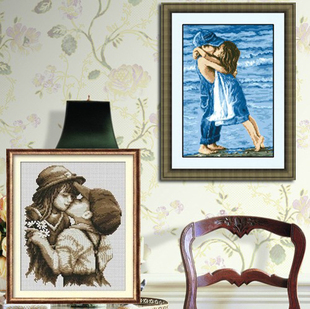 纯手工十字绣成品海边情侣 海的童年童真年代 初吻儿童卧室房挂画