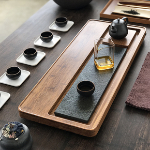 乌金石头茶盘排水简约功夫茶具，套装重竹茶台轻奢现代实木家用茶海