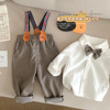 男童套装ins秋装英伦风婴儿宝宝周岁绅士礼服休闲背带裤+领结衬衫