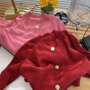2024新年红色慵懒风糖果色，毛衣开衫女韩版时尚，外套圆领上衣针织衫