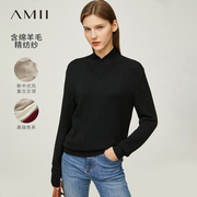 Amii2024冬季宽松毛衣时尚气质立领针织衫女设计感小众上衣
