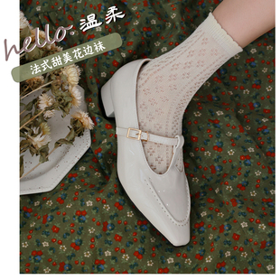法式玛丽珍鞋袜子搭配复古白色镂空花边袜袜子松口纯棉透气中短筒
