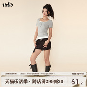ueko美式复古蕾丝辣妹，假两件t恤女夏季拼接撞色收腰显瘦短款上衣