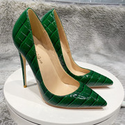 绿色鳄鱼纹复古轻奢女鞋12cm性感浅口高跟鞋尖头，单鞋超细跟10cm