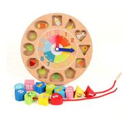 儿童益智力木质数字动物穿绳玩具宝宝串珠游戏创意时钟大块积木