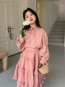 韩版儿童衬衫裙子女童粉色套装24春装长袖木耳边半身裙两件套