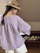 香芋紫棉麻圆领衬衫女夏设计感小众温柔褶皱灯笼长袖宽松法式上衣