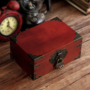 木盒子复古带锁收纳盒实木质桌面收纳盒杂物小箱子密码木箱子家用