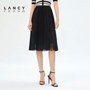 lancy悦朗姿女装2023夏季黑色，半身裙子女百褶网纱蕾丝短裙
