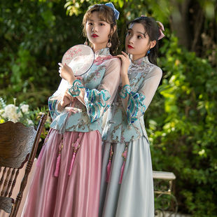 中式伴娘服2023年春秋中国风刺绣长裙结婚姐妹裙长款显瘦礼服