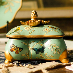 美式陶瓷首饰盒装饰摆件欧式复古创意梳妆台项链收纳盒中式饰品盒
