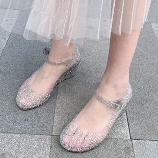 水晶雨鞋女坡跟透明凉鞋，高跟雨靴公主，塑料婚鞋玻璃灰姑娘水鞋