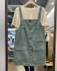 韩国24夏装新卡其短袖T恤+大口袋工装背带裙韩版两件套牛仔连衣裙