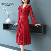 红色复古女士连衣裙优雅温柔蕾丝裙子修身显瘦中长款2021秋季