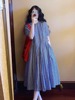 法式高端文艺轻奢高级感蓝色，格子连衣裙子女，2024优雅夏季长裙
