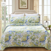 美式印花棕榈叶床盖三件套绗缝被纯棉绿色夹棉床单床罩夏被纤之色