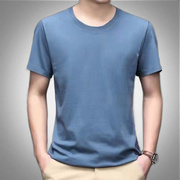 夏季纯棉圆领短袖T恤合体版简约蓝色透气吸汗休闲加大码水洗上衣