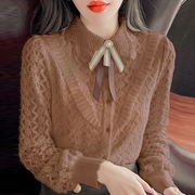 2023春秋蕾丝打底衫女时尚，宽松娃娃领长袖，衬衫设计感小众上衣